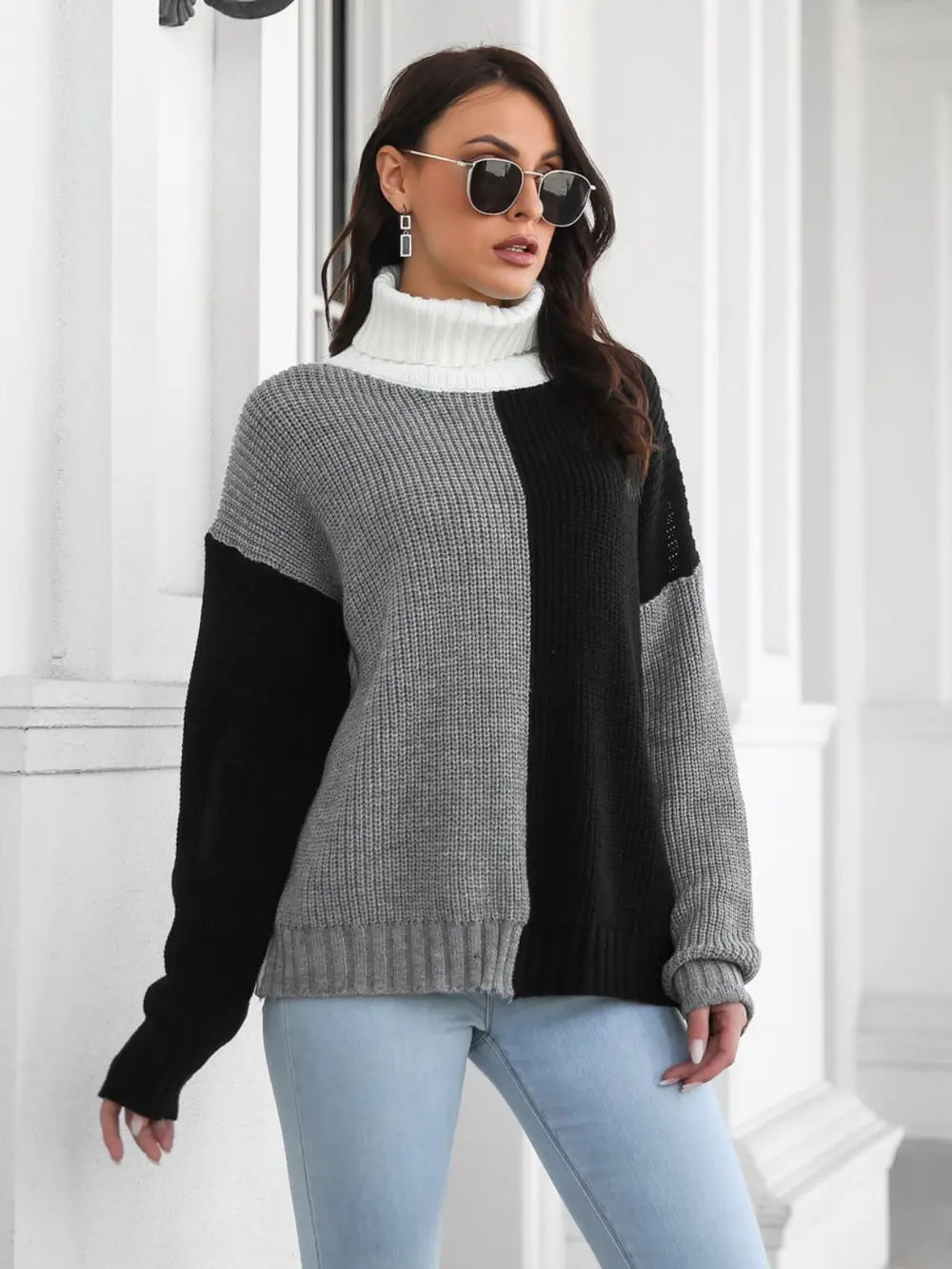 Contrast Turtleneck Long Sleeve Pullover Sweater