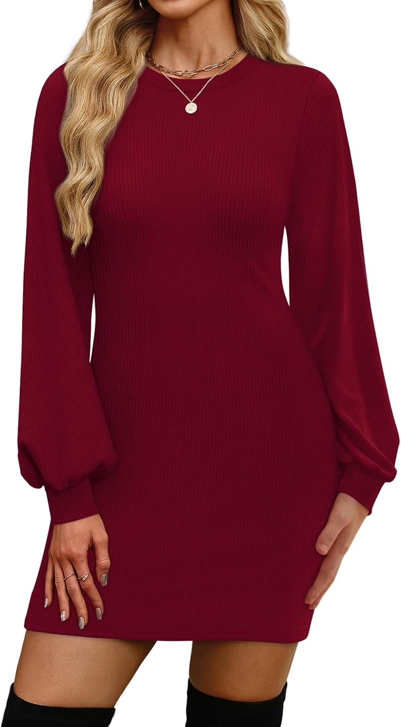 OFEEFAN Sweater Dresses for Women 2025 Fall Winter Puff Long Sleeve Crewneck Bodycon Fleece Ribbed Pullover Fashion Clothing