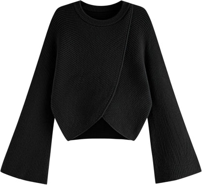 CIDER Cropped Sweaters for Women Trendy Wrap Sweater Bell Sleeve Ribbed Knit Pullover Sweater Fall Outfits