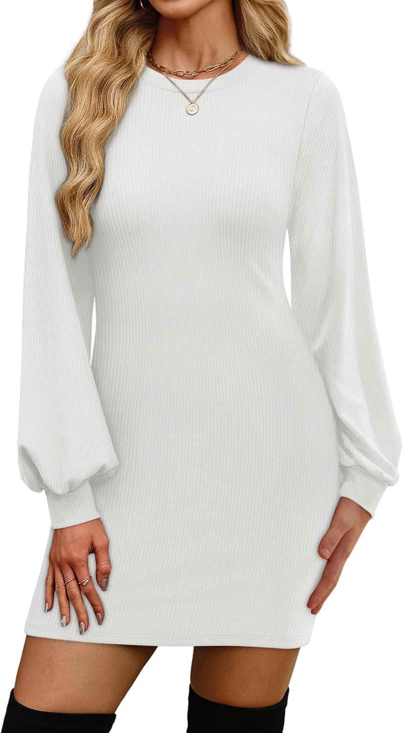 OFEEFAN Sweater Dresses for Women 2025 Fall Winter Puff Long Sleeve Crewneck Bodycon Fleece Ribbed Pullover Fashion Clothing