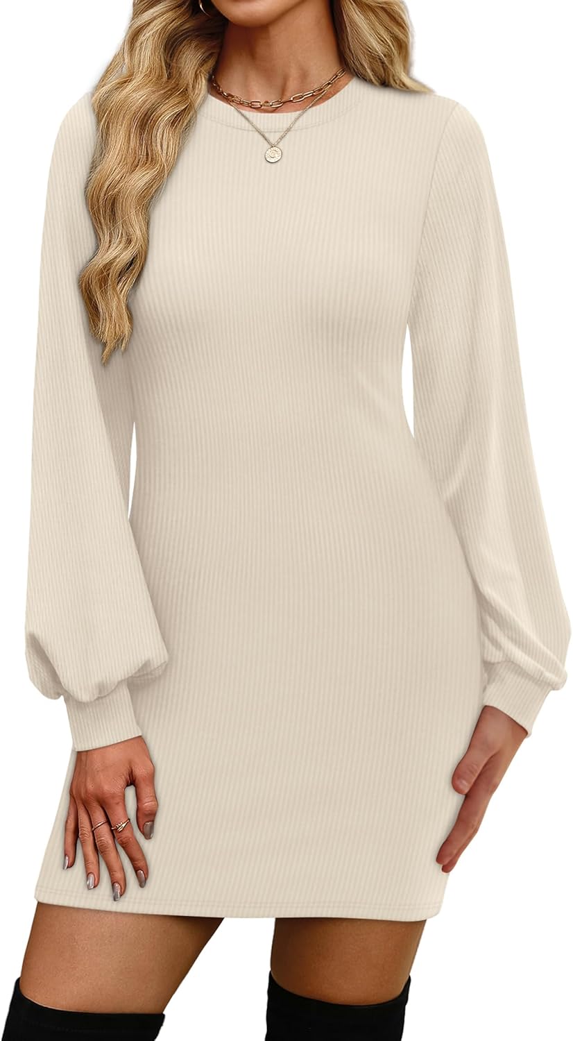 OFEEFAN Sweater Dresses for Women 2025 Fall Winter Puff Long Sleeve Crewneck Bodycon Fleece Ribbed Pullover Fashion Clothing