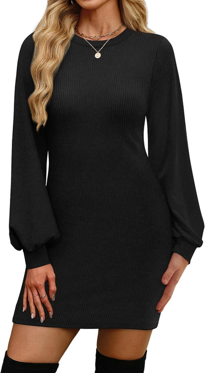 OFEEFAN Sweater Dresses for Women 2025 Fall Winter Puff Long Sleeve Crewneck Bodycon Fleece Ribbed Pullover Fashion Clothing