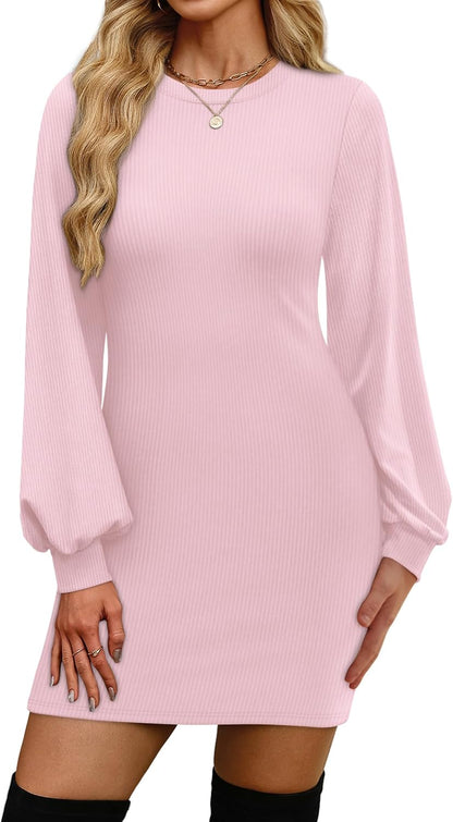 OFEEFAN Sweater Dresses for Women 2025 Fall Winter Puff Long Sleeve Crewneck Bodycon Fleece Ribbed Pullover Fashion Clothing
