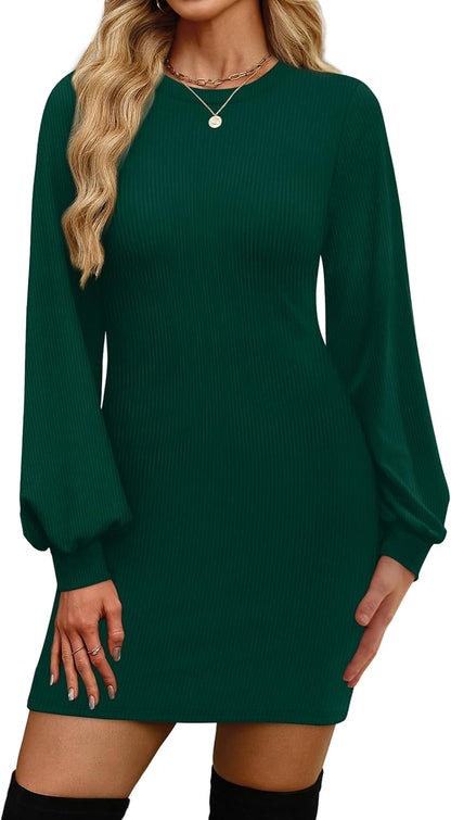 OFEEFAN Sweater Dresses for Women 2025 Fall Winter Puff Long Sleeve Crewneck Bodycon Fleece Ribbed Pullover Fashion Clothing
