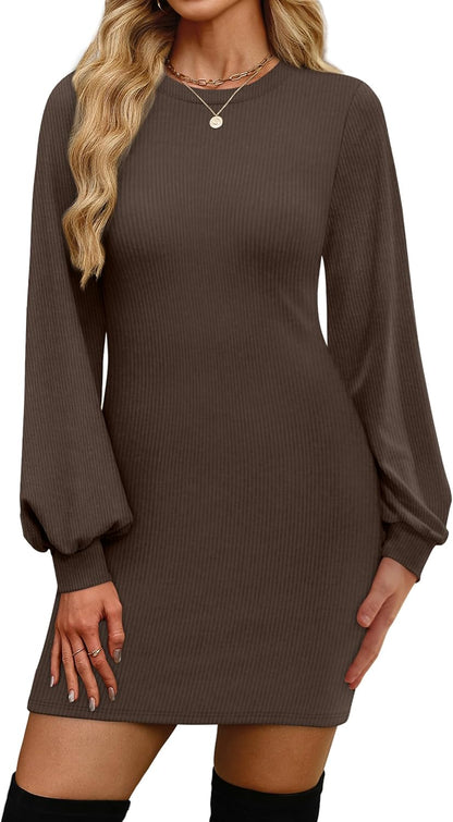 OFEEFAN Sweater Dresses for Women 2025 Fall Winter Puff Long Sleeve Crewneck Bodycon Fleece Ribbed Pullover Fashion Clothing