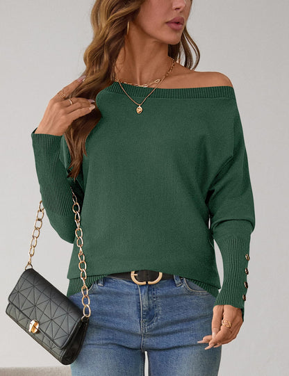 Women's Off The Shoulder Sweater - Oversized Knit Batwing Sleeve Pullover