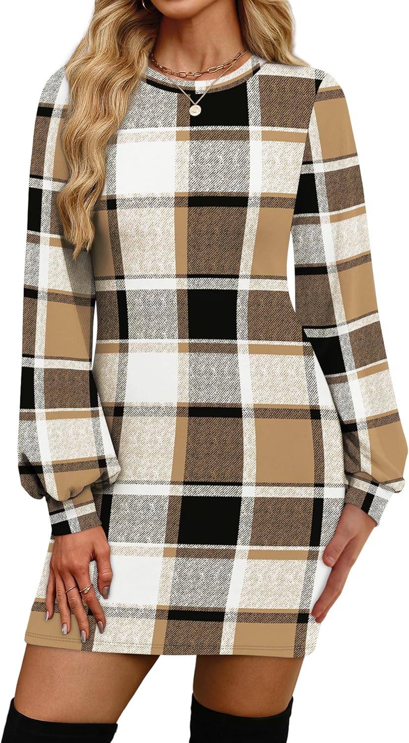 OFEEFAN Sweater Dresses for Women 2025 Fall Winter Puff Long Sleeve Crewneck Bodycon Fleece Ribbed Pullover Fashion Clothing