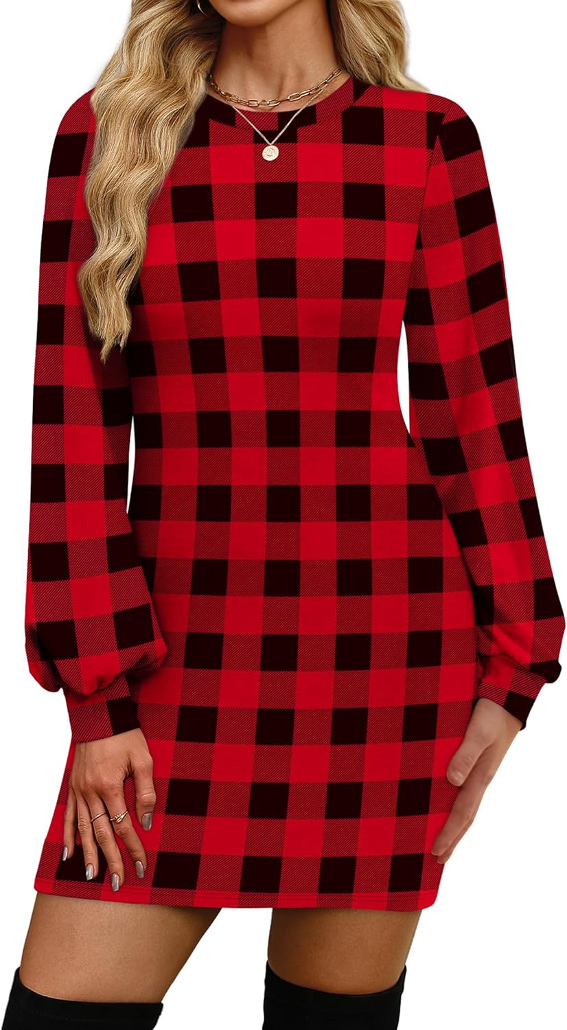 OFEEFAN Sweater Dresses for Women 2025 Fall Winter Puff Long Sleeve Crewneck Bodycon Fleece Ribbed Pullover Fashion Clothing
