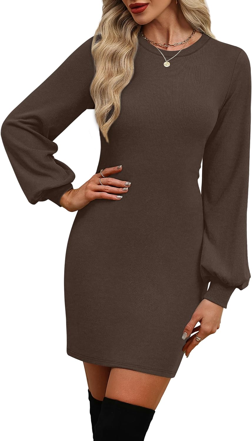 OFEEFAN Sweater Dresses for Women 2025 Fall Winter Puff Long Sleeve Crewneck Bodycon Fleece Ribbed Pullover Fashion Clothing