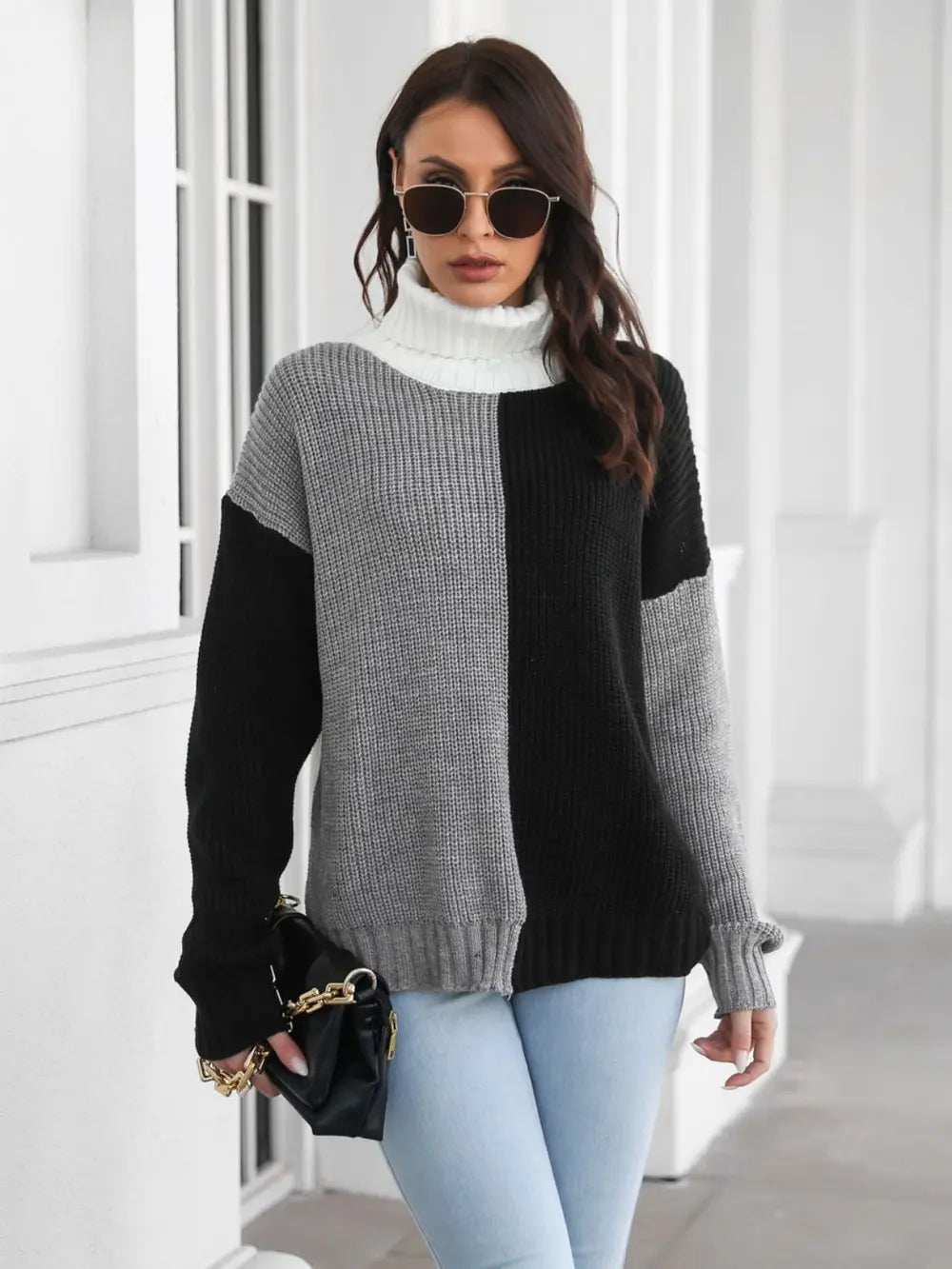 Contrast Turtleneck Long Sleeve Pullover Sweater