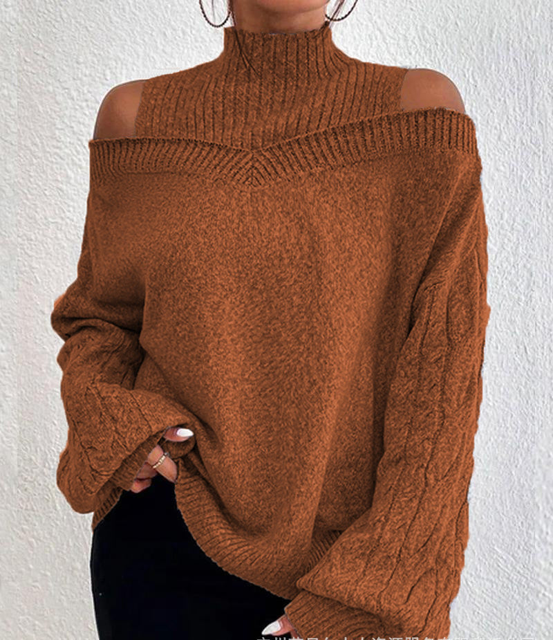 Off-the-shoulder Sweater Women's Pullover Half Turtleneck Autumn And Winter New Lantern Sleeve Sweater