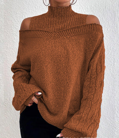 Off-the-shoulder Sweater Women's Pullover Half Turtleneck Autumn And Winter New Lantern Sleeve Sweater