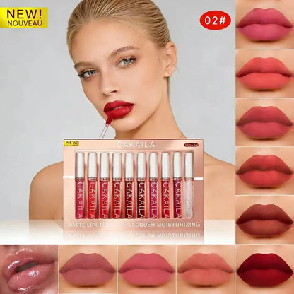 Matte Liquid Lipstick Lip Oil 10pc/set, Waterproof Velvet Lip Gloss Long Lasting Non-transfer Nude Red Pink Daily &Party Makeup
