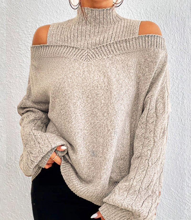 Off-the-shoulder Sweater Women's Pullover Half Turtleneck Autumn And Winter New Lantern Sleeve Sweater