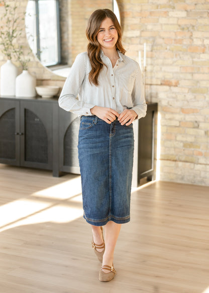 Bryn Dark Wash Denim Midi Skirt