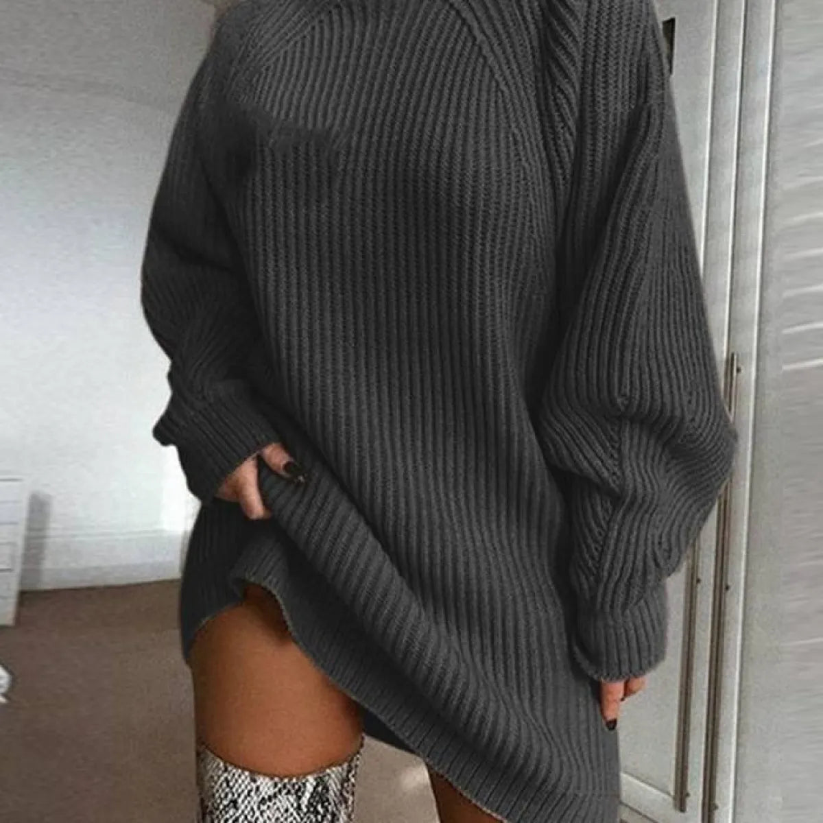 V Neck Ruffle Knitted Sweater Dress