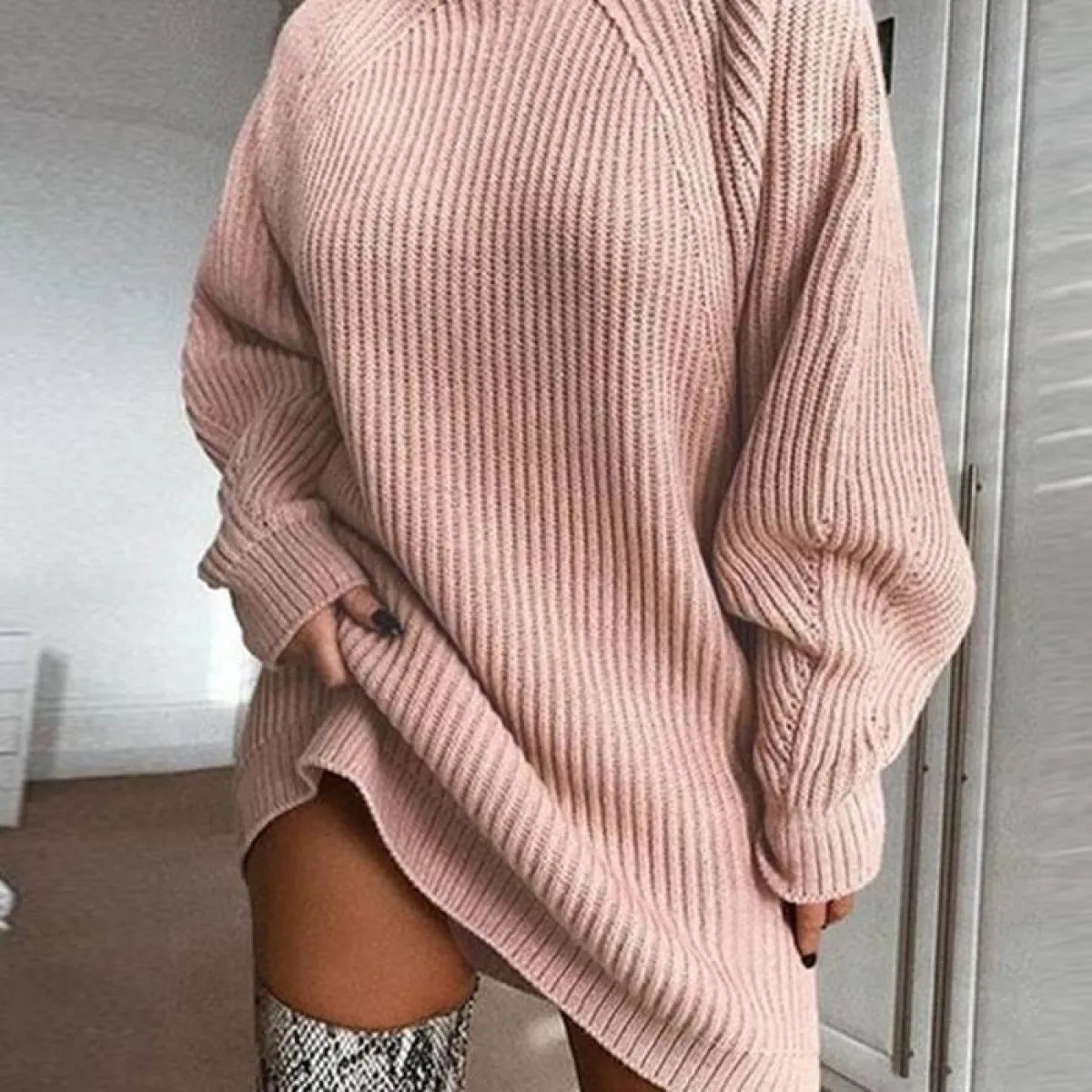 V Neck Ruffle Knitted Sweater Dress